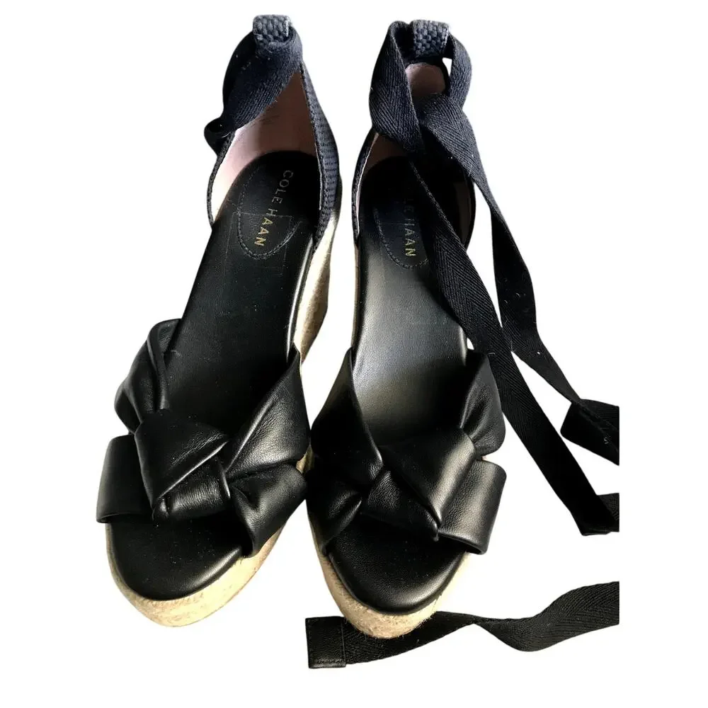 NWOT Cole Haan Wedge  Summer Sandals Size 8 Black Leather Sandlals Ankle Tie
